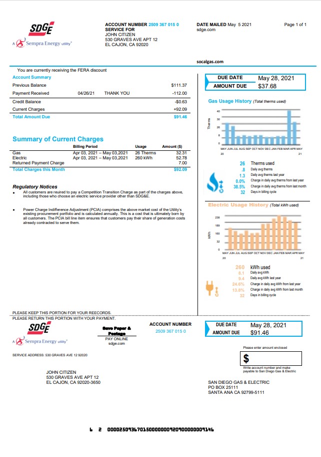 USA California San Diego Gas & Electric (SDG&E) utility bill template in Word and PDF format